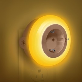Bowfar Night Light Socket with Twilight Sensor, Amber LED Night Light Children Protect Socket, Socket Lamp with Light Sensor Brightness Adjustable for Hallway, Stairs, Bedroom, Children's Room