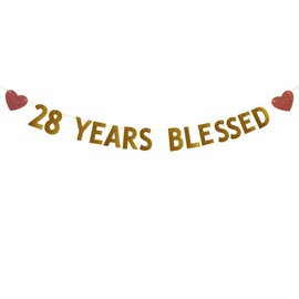 Betteryanzi Gold 28 Years Blessed Banner,Pre-Strung,28th Birthday/Wedding Anniversary Party Decorations Supplies,Gold Glitter Paper Garlands Backdrops,Letters Gold 28 YEARS BLESSED