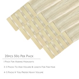 WENNALIFE Tape Extensions Real Hair, 20 Pieces 50 g 40 cm 16 Inch Ash Blonde Highlights Platinum Blonde Remy Invisible Tape Extensions Silky Straight Real Hair Extensions Skin Weft Tape Ins
