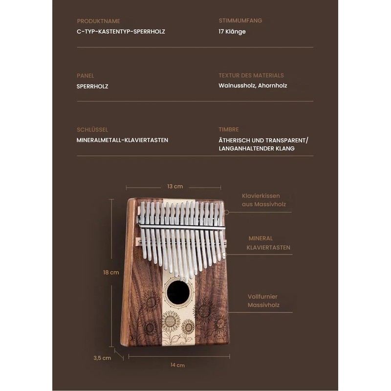 Kalimba 17 Keys, Wooden Finger Pianos, Sunflower Professional Thumb Piano