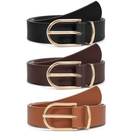 WHIPPY 3 Pack Women's Leather Belts for Jeans Pants with Gold Buckle Fashion Ladies Belt Black Brown Coffee S