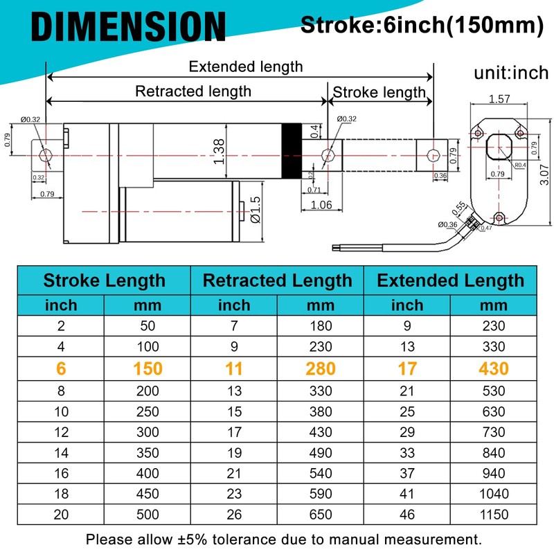 JQDML 6 Inch High Speed 1.34"/sec Linear Actuator 12V 88lbs/400N