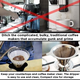 Vila Coffee Filter, Fine Mesh Coffee Maker, Stainless Steel Pour Over Coffee Dripper, Reusable, Lightweight, Paperless, Fits Standard Sized Coffee Pots and Cups