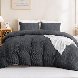 Litanika Dark Gray Comforter Full Size Set, Grey Lightweight Boys Men Seersucker Bedding Comforters Sets, 3 Pieces All Season Fluffy Bed Set (79x90In Comforter & 2 Pillowcases)