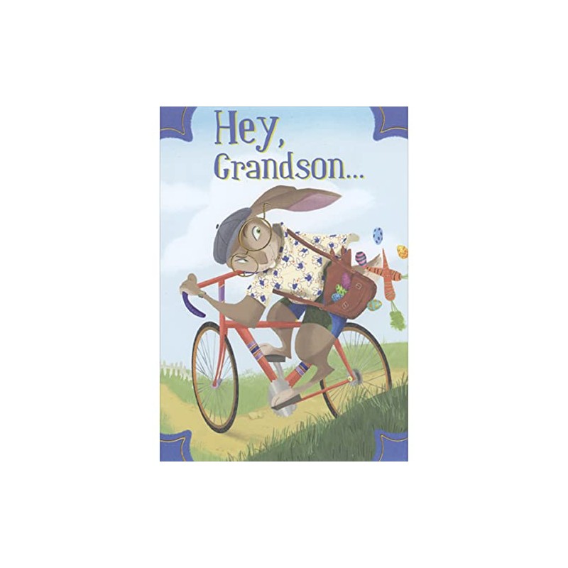 Designer Greetings Rabbit Riding Bicycle and Satchel Filled with Eggs