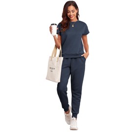 Famulily Sweatsuit for Women 2 Piece Outfits 2024 Summer Crewneck Short Sleeve Tops Long Sweatpant with Pockets Navy XXL