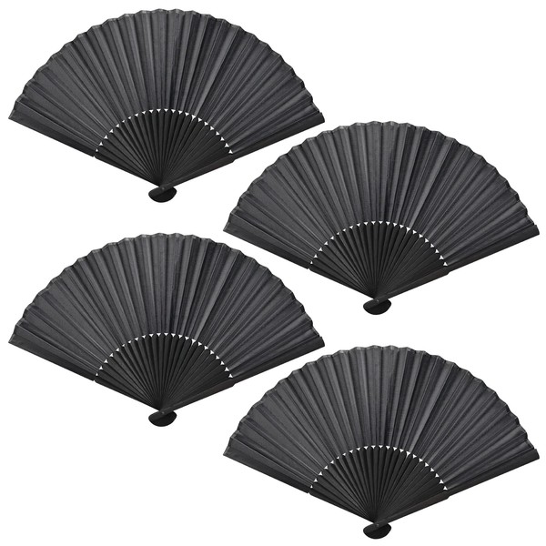 Faburo Pack of 4 Handheld Folding Fan Oriental Bamboo Fan, Black Chinese Hand Fan, Cloth Fabric Fan for Weddings, Performance, Dance, Home Decorations, Party, Summer Gift