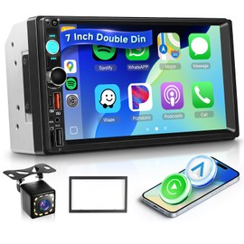 Double Din Car Stereo with Wireless CarPlay/Android Auto, 7 Inch IPS Touch Screen Radio, Bluetooth 5.2, FM Radio,Double Din Head Unit with Online Video EQ USB/Type-C/TF Card/Aux Ports Backup Camera