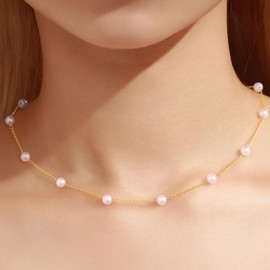 TINGN Pearl Necklace Women's - 14K Gold Plated Necklace Freshwater Pearl Chain Gold Pearl Chain for Women Size Adjustment Necklace Women's Pearl Pendant Jewellery Gifts for Women and Girls, Brass