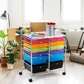 FANTASK 12-Drawer Rolling Storage Cart, Multipurpose Organizer Utility Trolley on Wheels, Tools Scrapbook Paper Organizer for School, Office, Home, Beauty Salon (Multicolored & Clear)