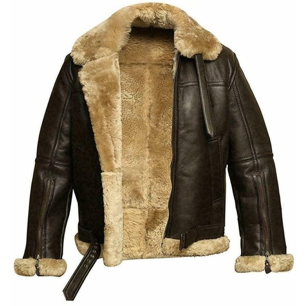 Men RAF Aviator B3 Bomber Real Shearling Sheepskin Leather Jacket