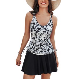 Kate Kasin Womens Tankini Bathing Suits Tummy Control Two Piece V Neck Ruched Swimsuits with Skirt Slimming Beach Swim Dress Black Floral