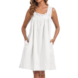 AVIIER 100% Cotton Nightgowns for Women Sleeveless Night Gown with Pockets, White, XX-Large