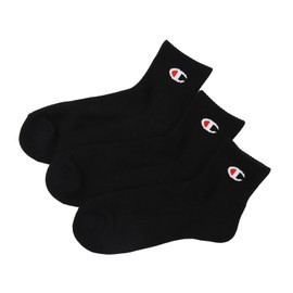 Champion CMSCY201 Men's Solid Socks, Half Pile Socks, One Point Logo, Quarter Length Socks, 3 Pairs, Black, 25.0-27.0 cm