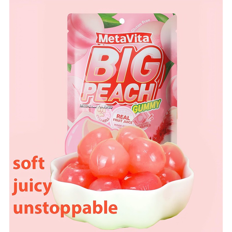 (2 Packs, 10oz) MetaVita Big Peelable Peach Gummy Candy –