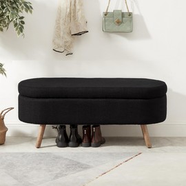 24KF Elegant Oval Entryway Bench with Wood Legs, Upholstered Cozy Boucle Fabric Storage Bench Ottomans for Living Room & Bedroom, 5068-Boucle-Black