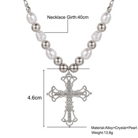Pearl Cross Pendant Necklace for Coquette Women, Rhinostone Pearl Cross Chain Necklace, Romantic Punk Vintage Statement Jewelry Gifts for Women (silver)