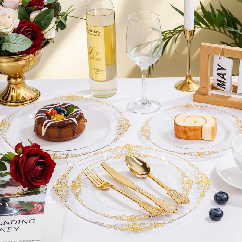 200PCS Clear Gold Plastic Plates for Wedding & Party