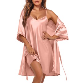 Ekouaer Women's Silk Robe Set V Neck 2 Piece Satin Bathrobes 3/4 Sleeves Bridal Sleepwear Sexy Cami Nightgown