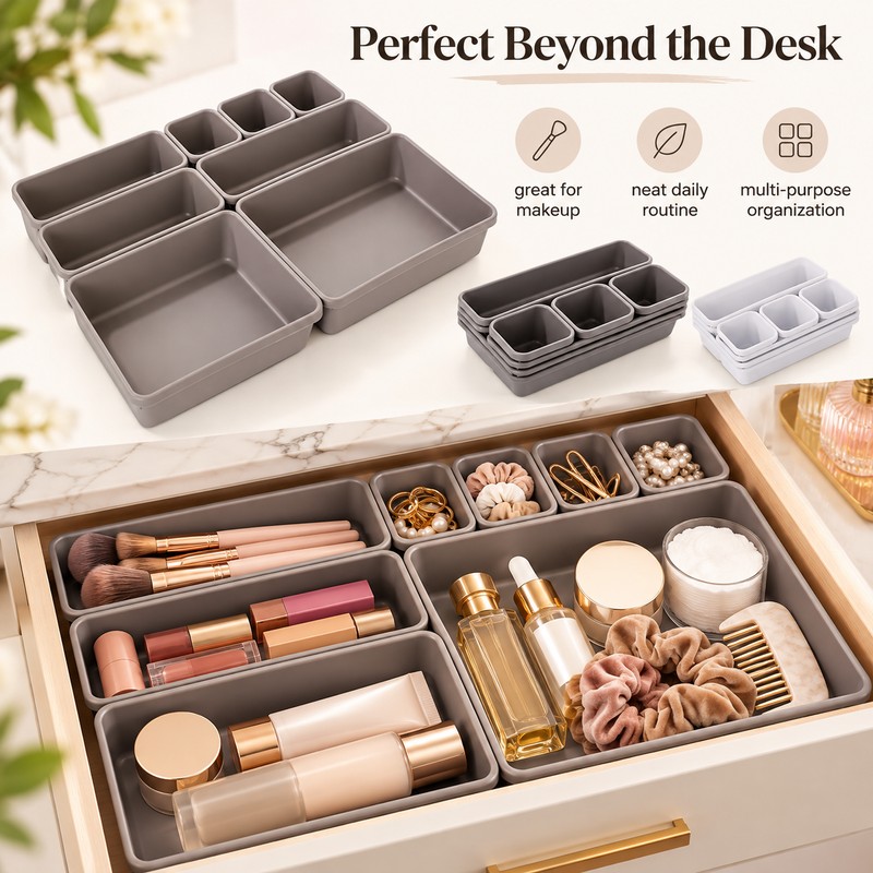 8-Piece Adjustable Drawer Organizer Set, Plastic Storage Trays for Makeup,