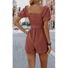 Women's Short Rompers Casual Square Collar Ruffle Sleeves Tie Front Smocked Jumpsuits Medium