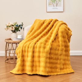Wajade Fleece Throw Blanket Bubble Faux Fur Fluffy Bed Blanket Super Cosy Warm Large Blanket for Bed Sofa Car, Yellow 127x153CM
