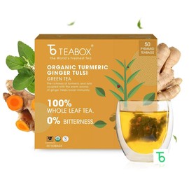 Teabox Premium Organic Green Tea With Turmeric, Ginger & Tulsi | 100% Whole Leaf | 0% Bitterness | USDA ORGANIC | 50 Tea Bags
