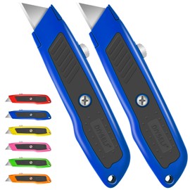DIYSELF 2 Pack Box Cutter, Heavy Duty Utility Knife for Construction, Carpet, Cardboard, Retractable Aluminum Box Knife, Razor Blade Opener (Blue)