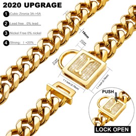 Collar de perro de PRADOG con cierre de circonita, 19 mm, metal dorado para cachorro, collar de lujo para perro, XS, M, y grande, 26" ( Fits Neck 24" to 25.5")