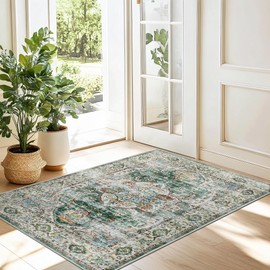 Madane Washable Area Rug 2x3, Small Entryway Rug Non-Slip Vintage Door Mat Indoor Entrance, Low Pile Floor Carpet for Inside Front Door Bedroom Kitchen Entry Laundry (2'x3', Green)