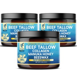 Okaga Beef Tallow for Skin, Organic Grass-Fed Beef Tallow Balm with Manuka Honey, Aloe Vera, Jojoba Oil, Collagen & Beeswax, Olive Oil, Moisturizer for Dry Skin, Nourishes Face, Body & Lips (3 Pack)