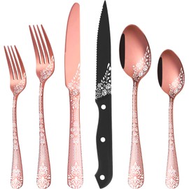 EUIRIO 24-Piece Rose Gold Silverware Set with Steak Knives, Rose Gold Flatware Sets for 4, Stainless Steel Mirror Cutlery Set, Spoons Forks Knives with Unique Floral Laser, Dishwasher Safe