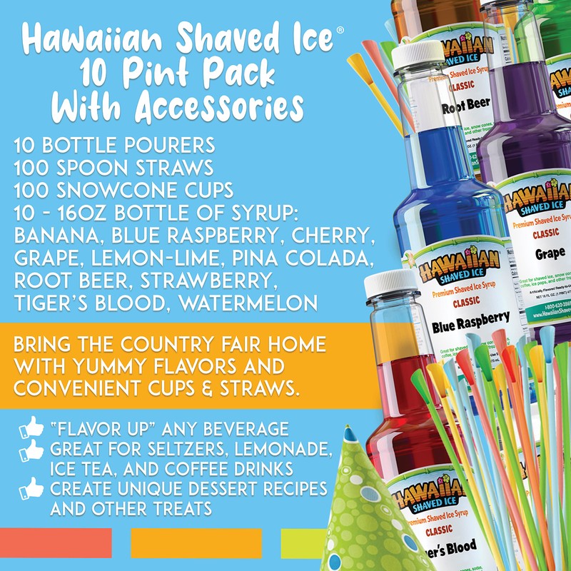 Hawaiian Shaved Ice Syrup Assortment with 10 - 16oz Bottles,