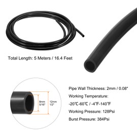 HARFINGTON Pneumatic Tubing Pipe Pu Hose 12mm OD x 8mm ID 5 Meters(16.4 FT) Air Compressor PU Polyurethane Line Hose Tube for Air Compressor Water Fluid Transfer, Black