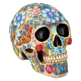 Skull Figurine with Floral Pattern - 16 cm Height, Bone Coloured, Day of the Dead Style, Summit Collection, Colourful Flowers, Sugar Skull