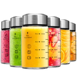 Glass Juice Bottles 6 Pack 10 oz - Wide Mouth Glass Water Bottles with Lids - Borosilicate,Stainless Steel Lids for Juicing, Smoothies, Infused Water, Beverage Storage, Leakproof, Reusable,BPA Free