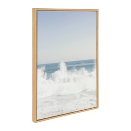 Kate and Laurel Sylvie Waves Crashing, Palm Tree Paradise and Pale Blue Lifeguard Tower Framed Canvas Wall Art Set by Caroline Mint, 3 Piece Set Natural, Coastal Beach Art Set for Wall