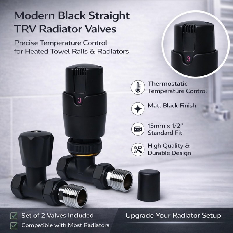 Black Straight Thermostatic Radiator Valves TRV Modern Radiator Valves 15mm