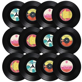 MIJOMA Set of 12 Mini Vinyl Record Design Coasters - Diameter Approx 11cm - 4 Assorted Designs - Perfect for Music Lovers and Collectors - Great Gift Idea for Any Occasion