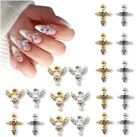 12 Pcs 3D Alloy Cross Angel Luxury Nail Charms,Pearl Alloy Crystal Rhinestones Nail Decor for Acrylic Nail Art DIY Nail Designs（Golden、Silver）