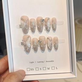 TENPAL 3D Embroidery Chain French Fake Nails,Reusable Press on Nails Medium Almond,Galaxy Cat Eye Glitter False Nails, Icy Shimmer Rhinestones Artificial Nails Full Manicure Kit 10pcs,Sweet Nails(M)