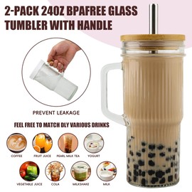 Eurppy Glass Cups with Bamboo Lids and Straws, Tumbler Cups with Handle 24oz, Mason Jar with Lid-Wide Mouth Drinking Glasses, Boba Cup Smoothie Tumbler Iced Coffee Cup Travel Cups