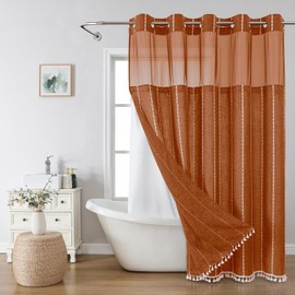 eachope eachope No Hook Extra Long Shower Curtain Set with Snap-in Liner,Linen Textured Thick Striped Fabric with Tassels,Boho Chic Modern Farmhouse Bathroom Curtain,Water-Repellent,Orange,71x86