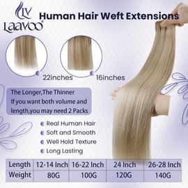 LaaVoo Weft Hair Extensions Human Hair Dirty Blonde Highlighted Light Blonde Sew in Hair Extensions Real Human Hair Weft Hair Extensions 16 Inch 100g