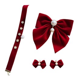 Velvet Bow Hair Clip Set, Red, with Pearl Embellishments (3pcs Earring Needle)