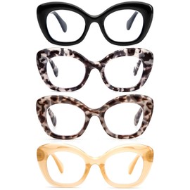 MMOWW Oversized Cat Eye Reading Glasses for Women3 Piece Stylish Blue Light Blocking Readers with Spring Hinges and Impact Resistant Lenses(Black+Grey Tortoiseshell+Black Tortoiseshell,Yellow +1.0)