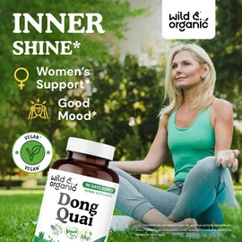 Wild & Organic Dong Quai Capsules for Women - 1000 mg per Serving - Pure Dong Quai Supplement - Angelica Root Herb - 90-Day Supply - Non-GMO, Vegan - 180 Count