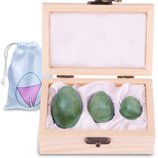 Green Hellu Jade Yoni Eggs – Predrilled Yoni Eggs Set of 3, Yoni Love Egg Stones in Wooden Gift Box - Natural Kegel Exercise Weights – Jade Eggs for Strengthening Pelvic Floor Muscles, Massage & Healing