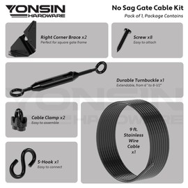 YONSIN Anti-Sag Gate Hardware Kit for Wooden Fence Gate, Anti-Sagging Gate Support Cable Kit Hardware - Corner Brackets & Door Frame Repair, Black, 1 Pac