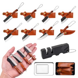 Ruksifg Mini Kitchen Knife Set Tiny EDC Knife for Package Opener, Letter Opener, Collection, Mini Knives Set with Sheath and Sharpener(Light Brown Handle-8Pcs)